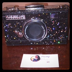 Sparkling black glitter camera shaped purse